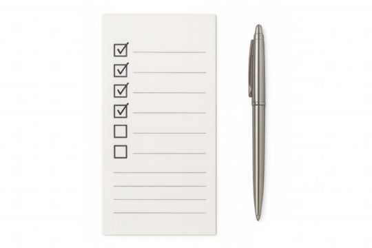 Checklist on paper with metal pen, completing tasks, planning objectives, managing productivity