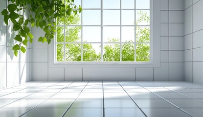 Bright room with tiles, plant, and large window to nature