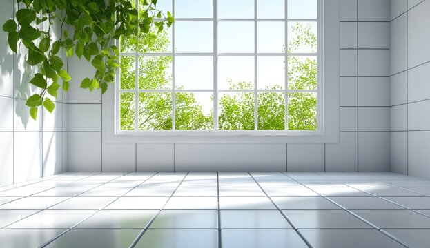 Bright room with tiles, plant, and large window to nature