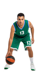 Basketball player dribbling the ball on white background, sports and activity concept