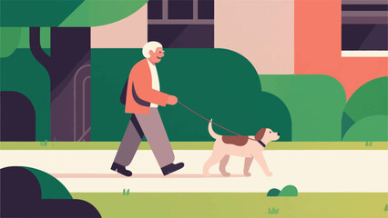 Illustration Of Elderly Person Slowly Strolling With A Calm, Older Dog, Enjoying A Quiet Afternoon Vector Design Template