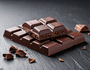 Indulge in rich dark chocolate bars stacked artfully on a black slate, perfect for decadent desserts or sweet treat advertisements