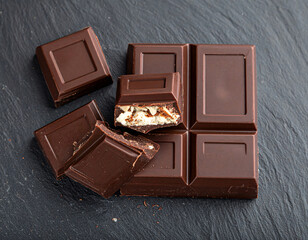 Indulge in rich dark chocolate squares with delicious creamy filling on rustic slate for decadent treats, ideal for dessert cravings