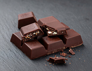 Indulge in rich dark chocolate squares with delicious nut filling on a dark slate surface, perfect for dessert or treats
