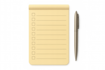 Notepad featuring a checklist for task management and planning, presented with a silver ballpoint pen. Transparent background