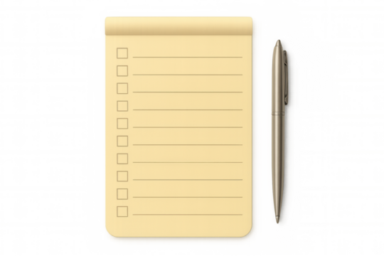 Notepad featuring a checklist for task management and planning, presented with a silver ballpoint pen. Transparent background