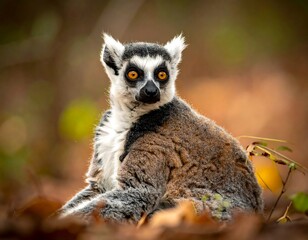 Obraz premium A Ring-tailed lemur sits amongst fallen leaves, gazing intently