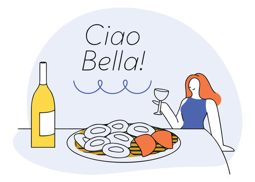 Woman holding wine glass with food and wine bottle saying ciao bella isolated on transparent background