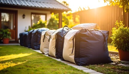 Outdoor furniture storage bags in a garden