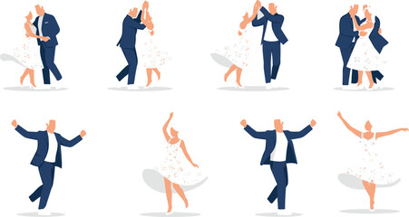 Eight Dance Poses of Elegant Couple in Floral Dress and Suit, Expressive Movement and Rhythm Vector Illustration for Romance Themes