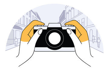 Hands holding a vintage camera to capture a stylized street scene with buildings and people isolated on transparent background