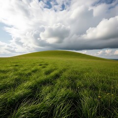 Obraz premium Vast Green Rolling Hill Under a Dramatic Cloudy Sky.
