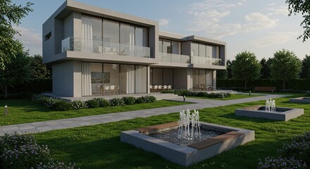 Fototapeta premium Contemporary house with minimalist design featuring water fountains and manicured landscaping
