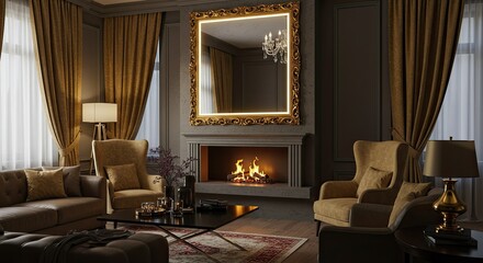 Elegant living room with fireplace and ornate mirror creating a cozy atmosphere