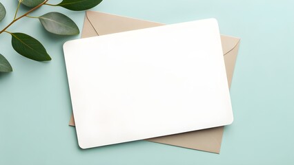 Blank White Greeting Card with Rounded Corners on Light Teal Background &ndash; Minimal Modern Stationery Mockup for Invitation, Branding, Wedding Design, and Elegant Product Presentation