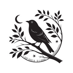 Bird on Branch Vector Illustration Silhouette Winter Wildlife Cartoon
