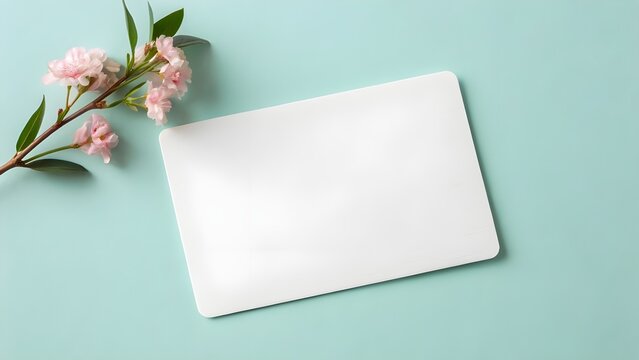 Blank White Greeting Card with Rounded Corners on Light Teal Background – Minimal Modern Stationery Mockup for Invitation, Branding, Wedding Design, and Elegant Product Presentation