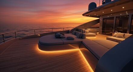 Fototapeta premium Luxury yacht deck at sunset with lounge seating and ocean view creating a serene atmosphere