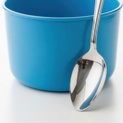 Bright blue bowl with a gleaming silver spoon ready for serving or eating