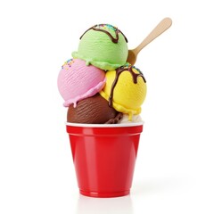 A vibrant red cup overflowing with a colorful assortment of delicious ice cream scoops topped with chocolate sauce