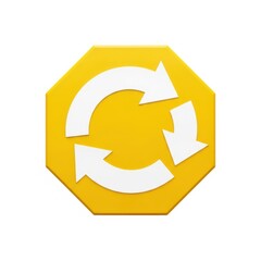 Bright yellow octagonal symbol featuring three interconnected white arrows indicating a cycle