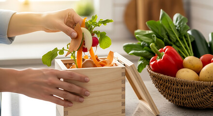 Sustainable kitchen composting: Hands adding organic vegetable and fruit scraps to a wooden bin, promoting zero waste and eco-friendly living.