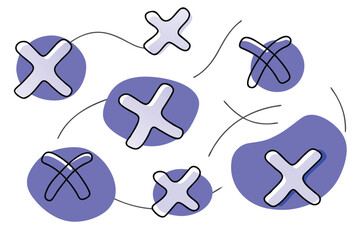 Abstract playful pattern of stylized x shapes and purple blobs connected by thin lines isolated on transparent background