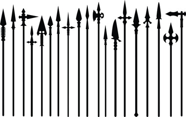 Medieval polearm weapon silhouettes in black vector featuring halberds, spears, pikes, glaives and historical blades for combat design themes