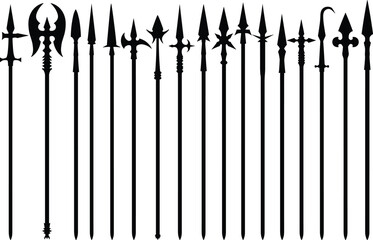 Medieval polearm weapon silhouettes with ornate blades, spears, axes, hooks and ceremonial designs in black vector for historical combat themes