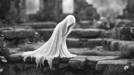 Ghostly figure draped in white fabric, amidst ancient ruins