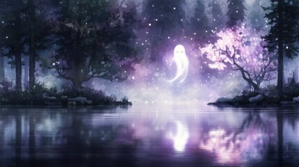 Ghostly forest scene by water