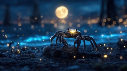 Glowing crab at night, moonlit scene