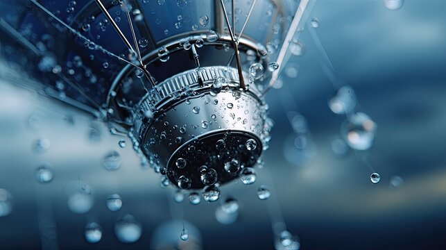 Watery Showerhead: A close-up view captures the intricate details of a chrome showerhead, adorned with glistening water droplets suspended mid-air, creating a refreshing atmosphere.