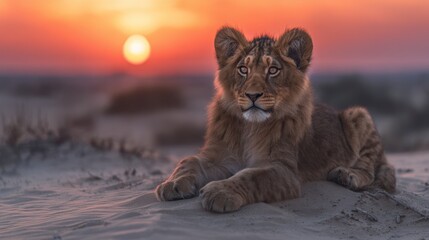 Lion cub in desert sunset