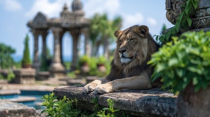Lion resting in ornate garden setting