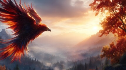 Fiery bird soars above autumnal mountain range