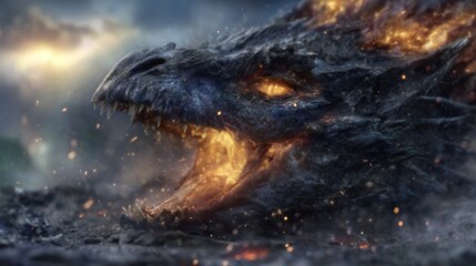 Fiery dragon head erupting in a dramatic scene