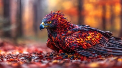 Fiery eagle in autumn forest
