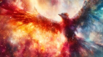 Fiery mythical bird soaring through vibrant cosmic nebula