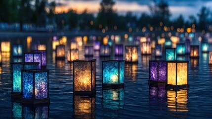 Floating lanterns on water at twilight