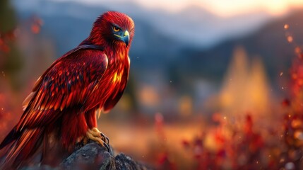 Fiery red eagle on a rocky outcrop, vibrant autumnal landscape