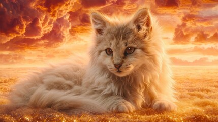 Fluffy kitten in golden sunset