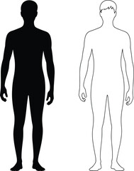 Human silhouette comparison, black and outline figures, front view posture, anatomy reference design, body shape study, medical fashion illustration concept
