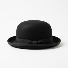 Classic black felt bowler hat with ribbon band on a white background