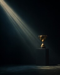 Trophy illuminated by single spotlight on stage, editorial concept photograph representing success, recognition, and the pursuit of excellence