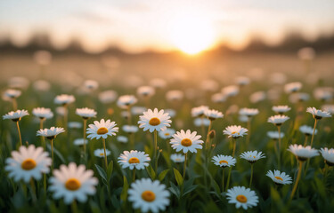 Golden hour sunlight bathes a field of daisies, their white petals glowing against the warm background.  The scene evokes peace and tranquility.