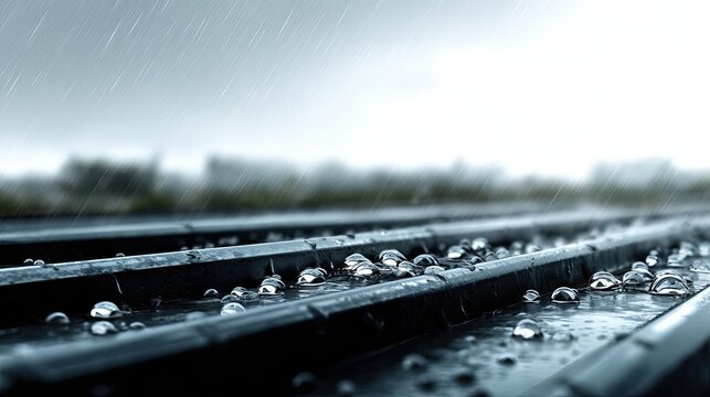 Rainfall Rhythm: A captivating image capturing rain, depicting water droplets glistening on a textured surface, evoking a sense of tranquility.