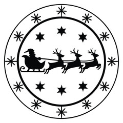 A black silhouette of a Santa with a reindeer team
