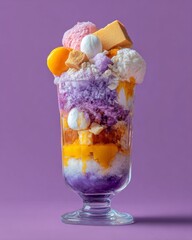 Colorful Filipino halo-halo dessert topped with ube ice cream and fresh fruit, editorial food photography highlighting vibrant color, tropical sweetness, and cultural richness