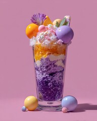 Layered halo-halo dessert in tall glass with purple yam, coconut, and tropical fruit mix, editorial food photograph celebrating sweetness, culture, and summer indulgence